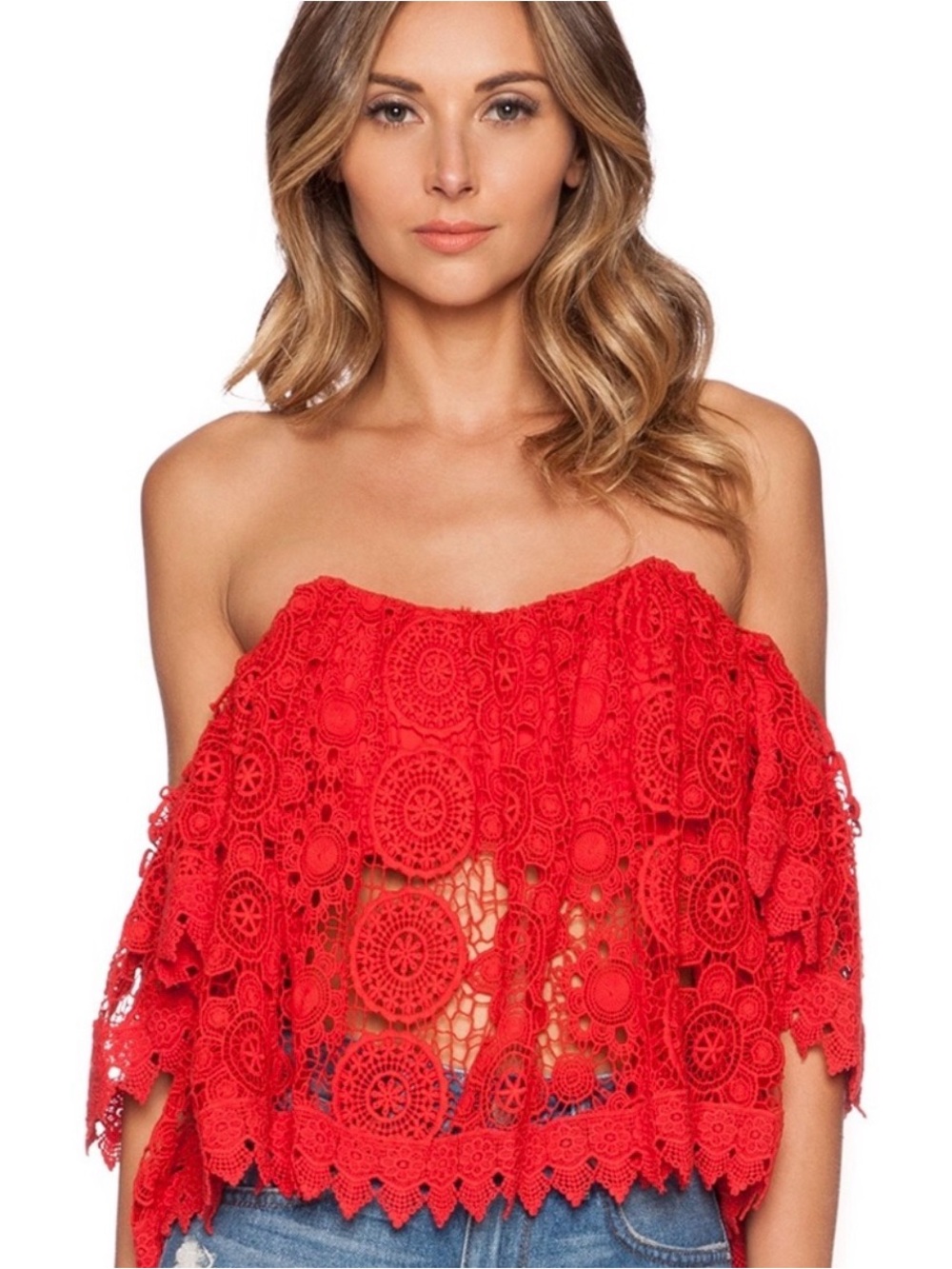 Tularosa revolves crochet off the shoulder lace top in cayenne red small
